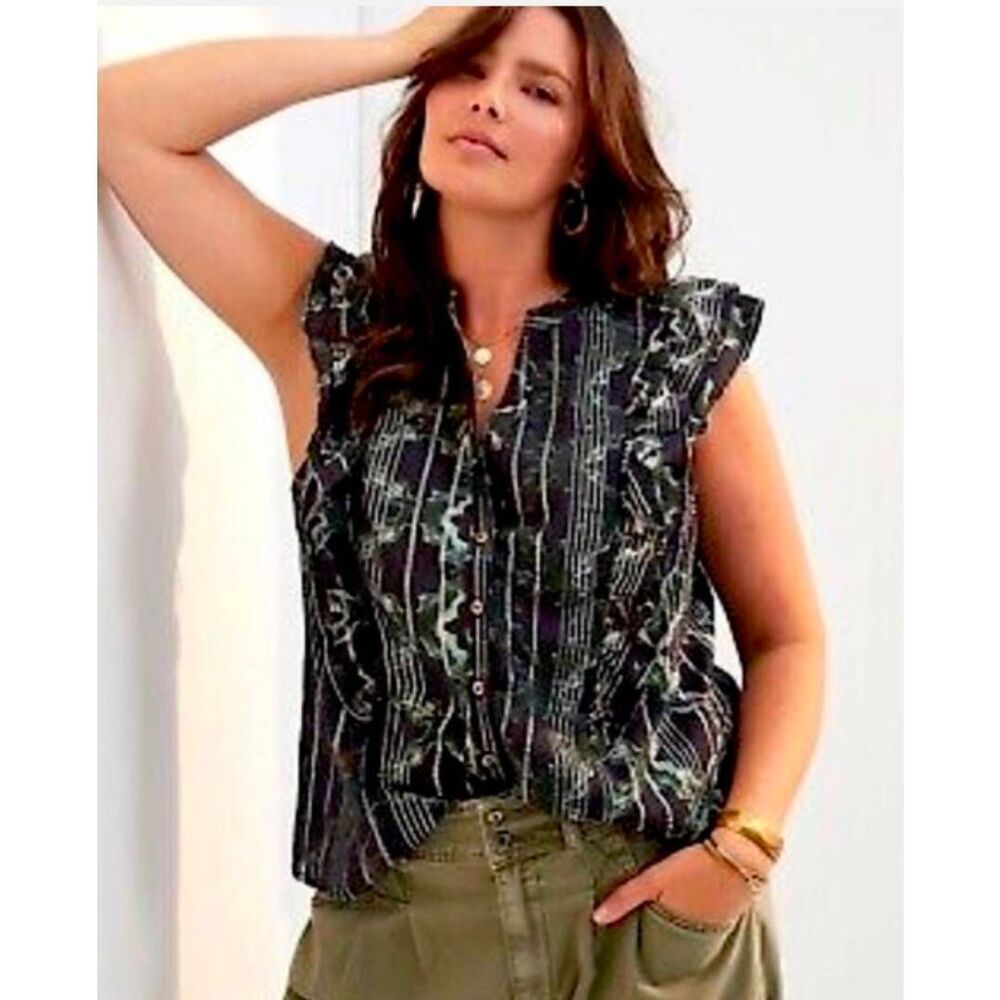 Pilcro black & green abstract flutter sleeve button down blouse womens S NWOT